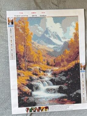 Finished Autumn Mountain Stream Diamond Painting Canvas - Yellow, Blue, White